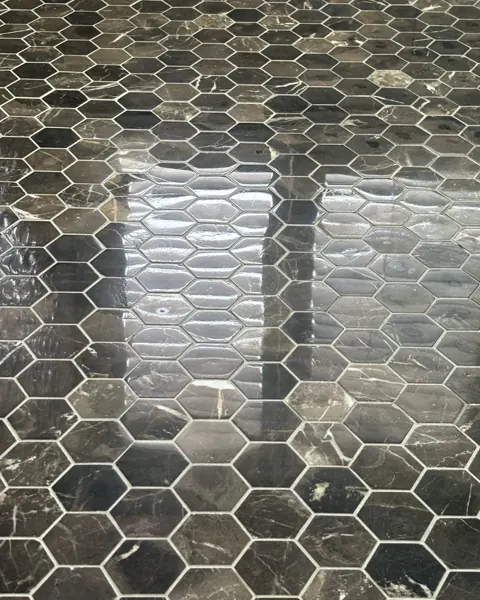 Close view of a black hexagon mosaic floor polished to a mirror, reflecting the ceiling lights